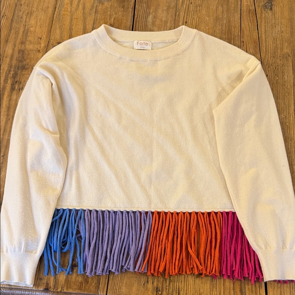 Cream Sweater with Colorful Fringe